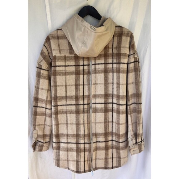 Maniere De Voir Jacket Womens 10 Brown Wool Plaid Zip Back Faux Leather Hooded - Picture 4 of 9